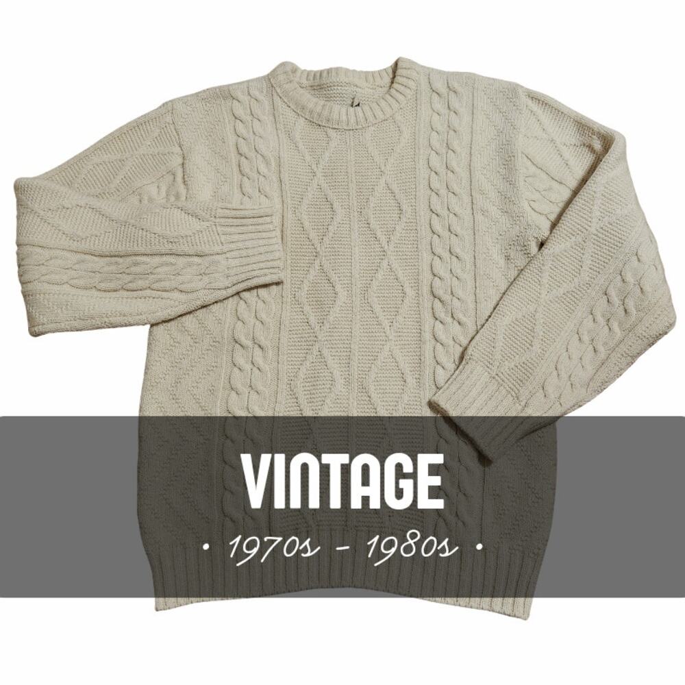 Vintage 70s - 80s Cream Cable Knit Sweater - 100% Wintuk Orlon Acrylic - Size L